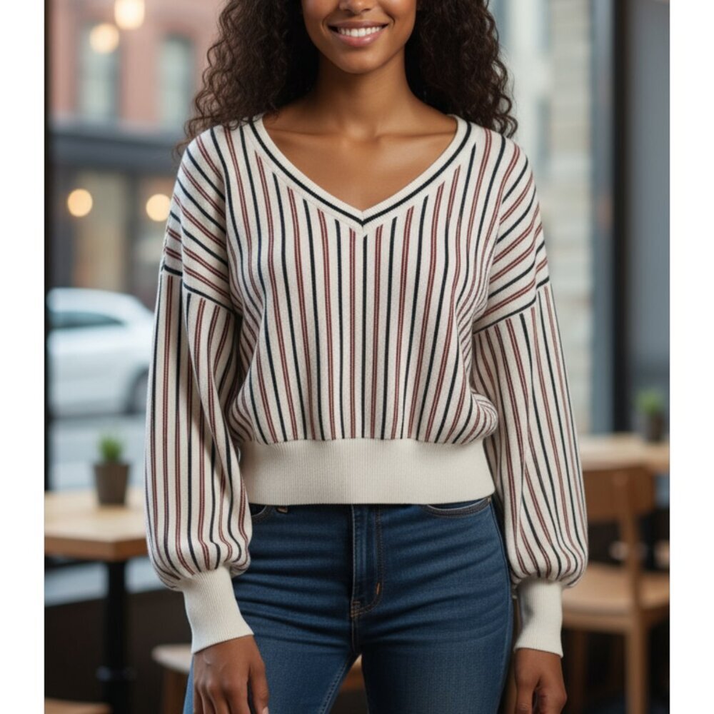 Snidel Retro Cream/Red/Black Striped Balloon Sleeve Sweater Size Small